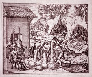 Historie Ameriky: Španělé využívají zlaté doly (rytina od Theodore de Bry