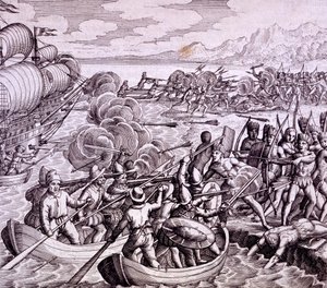 Jak se Španělé vylodili na ostrově Haiti se 400 muži, což vedlo k velké bitvě s domorodci, ilustrace z "Vespucciho cesty do Západní Indie". od Theodore de Bry