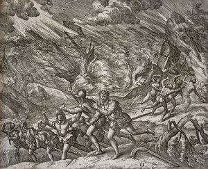 Hurikán potápějící Santa Maria, karavel Kryštofa Kolumba od Theodore de Bry