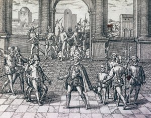 Incký císař Atahualpa byl zajat Španěly v Cajamarca, Peru, rytina z americké historie od Theodora de Bry (1528-1598), Frankfurt od Theodore de Bry