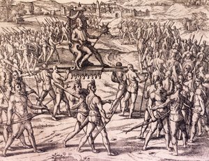 Incký císař Atahualpa poražený španělskými jednotkami Francisca Pizarra (1475-cca 1541), Peru, rytina z americké historie od Theodora de Bry (1528-1598), Frankfurt od Theodore de Bry