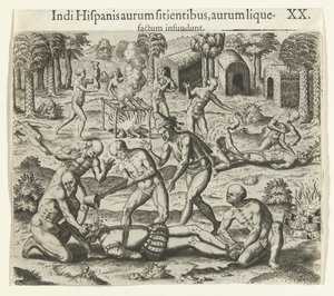 Indiáni nalévají tekuté zlato do úst Španěla, 1594. od Theodore de Bry