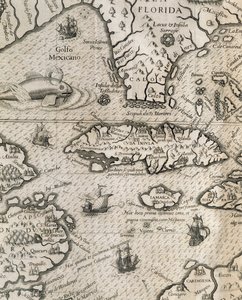 Ostrov Kuba, Florida a Mexický záliv, rytina z historie amerických velkých plaveb od Theodore de Bry