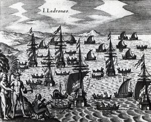 Ostrovy zlodějů (Islas de los Ladrones, dnes ostrovy Marianas), rytina z Peregrinationes, od Theodora de Bry (1528-1598). 16. století od Theodore de Bry