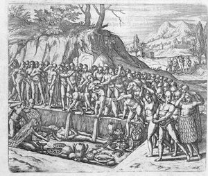 Metoda pohřbívání peruánských králů a šlechty z vyprávění Girolama Benzoniho o dobytí Peru, z „Newe Welt und Americanische Historien“ od Johanna Ludwiga Gottfrieda, vydal Mattaeus od Theodore de Bry