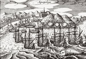 Mexiko, Pohled na Acapulco - Mexiko (Aquapolque), Theodore de Bry, ca. 1630. Raný pohled na koloniální osadu v Acapulcu, kterou Španělé používali jako hlavní přístav pro svůj tichomořský obchod s Filipínami. Přístav je plný galeon a lar od Theodore de Bry