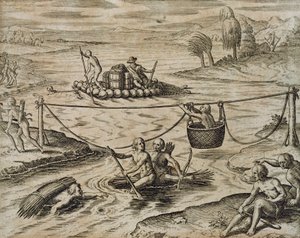 Indiáni jdoucí dolů River Rapids, Theodore de Bry od Theodore de Bry