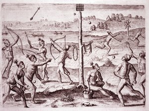 Domorodí Američané cvičí běh, střílení šípů a házení míčem, Florida (Graving od Theodore de Bry