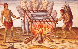 Domorodci žijí: Jak indiáni vaří ryby, ilustrace z Admiranda Narratio od Theodora De Bryho od Theodore de Bry