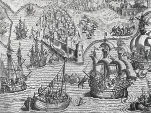 Námořní bitva, rytina z americké historie od Theodora de Bry (1528-1598), Frankfurt od Theodore de Bry
