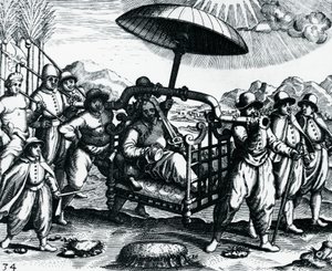 Portugalci v Indii, přepravováni na podestýlce, rytina z Peregrinationes, Theodor de Bry (1528-1598), Indie od Theodore de Bry