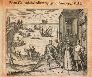 Královna Isabela a král Ferdinand vítají odjezd Kryštofa Kolumba v Palos, Španělsko, rytina Theodora de Bry (1528-1598) od Theodore de Bry
