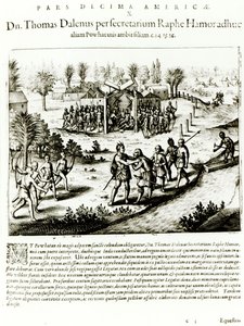 Ralph Hamor navštěvuje Powhatan, 1619 (rytina) (černobílá fotografie) od Theodore de Bry