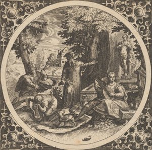 Scéna s varováním před pohlavní nemocí v kruhu ve středu, 1580-1600. od Theodore de Bry