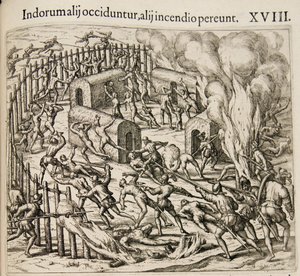 Někteří Indiáni jsou zabiti, někteří zahynou při požáru. Od: Americae pars qvarta od Theodore de Bry