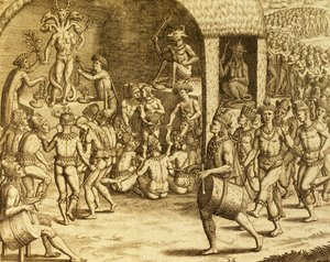 Jihoamerický domorodý náboženský rituál, rytina z Historia americae, Theodor de Bry (1528-1598), Frankfurt od Theodore de Bry