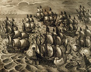 Velení španělské armády Rodriga Mendozy, rytina Theodora de Bry (1528-1598) převzatá z History of America od Theodora de Bry, Španělsko, 1602 od Theodore de Bry