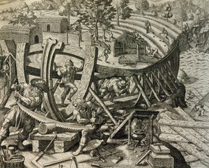 Španělští námořníci staví karavelu, rytina z Historia Americae, Theodor de Bry (1528-1598) od Theodore de Bry