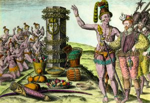 Floridské přišel sloup erigee od francouzského mořeplavce Jeana Ribaulta (1520-1565) z první expedice na Floridu Rytina z „Historie Ameriky“ od Theodora De Bryho (1528-1598) Soukromá sbírka 16. století od Theodore de Bry