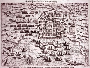 Flotila Francise Drakea okupuje ostrov Santo Domingo (rytina od Theodore de Bry