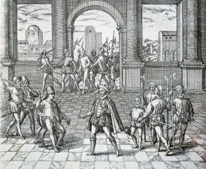 Incký král Atahualpa je zajat Španěly v Cajamarce, Ilustrace z americké historie Theodore de Bry od Theodore de Bry