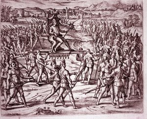 Incký král Atahualpa (nebo Atabaliba), držící žezlo ve tvaru slunce, je nesen na nosítkách, aby se setkal s Franciscem Pizarrem (rytina od Theodore de Bry