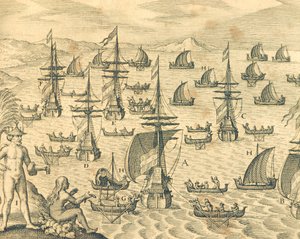 The Island of Thieves, rytina z americké historie Theodore de Bry, Severní Amerika 17. století. od Theodore de Bry