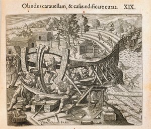 Španělé staví svou první loď v Novém světě, rytina Theodora de Bry (1528-1598) z Ameriky od Theodore de Bry