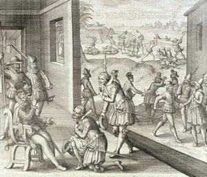 Španělské dobytí pevnosti Caroline, 1565, z knihy "Newe Welt und Americanische Historien" od Johanna Ludwiga Gottfrieda, vydané Mattaeusem Merianem, Frankfurt, 1631. od Theodore de Bry