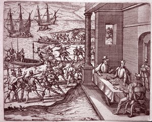 Španělští dobyvatelé Francisco Pizarro, Diego de Almagro a Hernando de Luque spojili své síly, aby dobyli Peru (rytina od Theodore de Bry