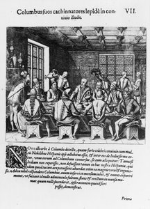 Příběh vejce Kryštofa Kolumba (1450-1506) 1585-88 (rytina) (černobílá fotografie) od Theodore de Bry