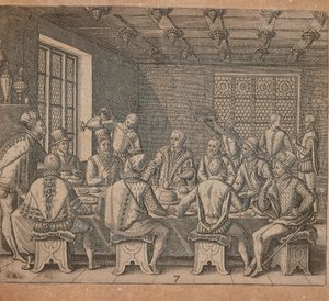 Kolumbovo vejce, rytina Theodora de Bry (1528-1598) ze čtvrté části Ameriky od Theodore de Bry