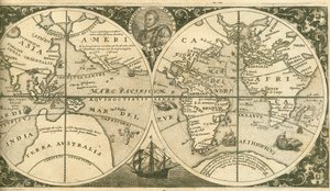 Titulní strana Americae Pars VIII s portrétem Francise Drakea a jeho lodi, Golden Hind, 1 od Theodore de Bry