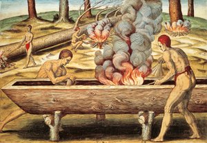 Domorodci z Virginie staví pirogu od Theodore de Bry