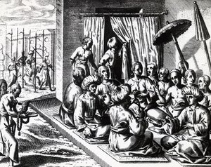 Svatební obřad v Bantamu na ostrově Jáva, autor Theodor de Bry (1528-1598). rytina od Theodore de Bry