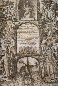 Západní Indie nebo Amerika, Theodor de Bry (1528-1598), frontispis, rytina od Theodore de Bry