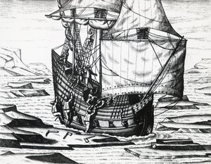 Loď Williama Barentse (asi 1550-1597) během třetí holandské expedice při hledání severovýchodní cesty, Theodor de Bry (1528-1598), rytina od Theodore de Bry