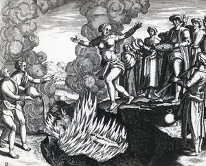 Žena vrhající se na manželovu hranici, Theodor de Bry (1528-1598), rytina od Theodore de Bry