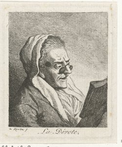 Čtení stará žena s pince-nez La Dévote (název na objektu)
