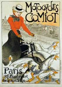 Reklamní plakát na motocykly Comiot. Mladá žena na mopedu se válí mezi skupinou hus. Plakát Theophile Alexandre Steinlen (1859-1923). 1899. Paříž, dekorativní umění. od Théophile Alexandre Steinlen