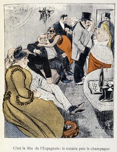 Filles et Marlous: Je to svátek Španělů: notář platí šampaňské - v „Dans la vie“ od Steinlena 1901 (stejná kresba jako č. 27695) od Théophile Alexandre Steinlen