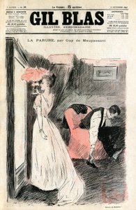 Ilustrace Steinlen k povídce Guy de Maupassanta „The Parure““. Madame Loisel se na sebe dívá do zrcadla, zatímco jí manžel zouvá boty. Zjistí, že ztratila náhrdelník (diamantová řeka), který jí půjčila její přítelkyně Madame Fores