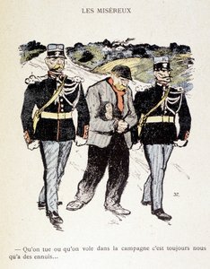 Les Miséreux: Ať zabíjíme nebo krademe na venkově, vždy jsme v nesnázích... (Vagabund obklopený 2 četníky) – v „“In Life””, od Steinlena 1901 od Théophile Alexandre Steinlen