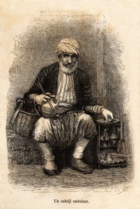 Kavárenský prodavač (cafedji) cestující na bazaru v Trebizonde (dnešní Trabzon, na pobřeží Černého moře), rytina podle kresby vypravěče, ilustrující cestu do Lazistanu a Arménie, z roku 1869, Theophile Deyrolle, vyd. v „“ Le to