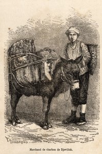 Obchodník s uhlím se svým oslem v Djewilisk (Severní Anatolie), vyrytý podle kresby vypravěče, ilustrující cestu v Lazistánu a Arménii, z roku 1869, od Theophila Deyrolla, publikované v „“Le tour du monde““ 1875, editoval Edouard Charton