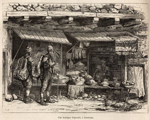 Obchod s potravinami v Erzeroumu (Arménie), vyrytý podle kresby autora, ilustrující cestu v Lazistánu a Arménii, Theophile Deyrolles, v roce 1869, publikovaný v „“Le tour du monde“““ 1875, editoval Edouard Charton, Edice Hachette, Paříž.