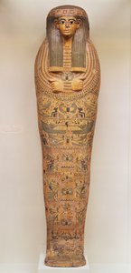 Egyptská rakev nejmenované osoby zdobená rituálními výjevy, cca 1050 př.nl (dřevo)