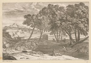 Arkádská krajina s rybářem ve člunu Suite de Paysages (název série) od Théodore