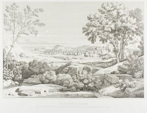 Pohled z břehů řeky Illisós: Hory Argolid, chrám olympského Jupitera, Akropole, palác krále Korydala, vesnice Ambelo