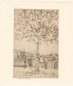 Šest postav u plotu podél řeky, v popředí strom Chelsea Embankment, červen, 17:00, 1889 od Théodore Roussel (signed by artist)